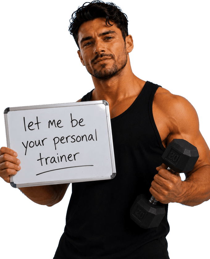 Chad holding a sign that says let me be your personal trainer